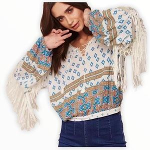 FREE PEOPLE HOBO Fringe Print V Neck top